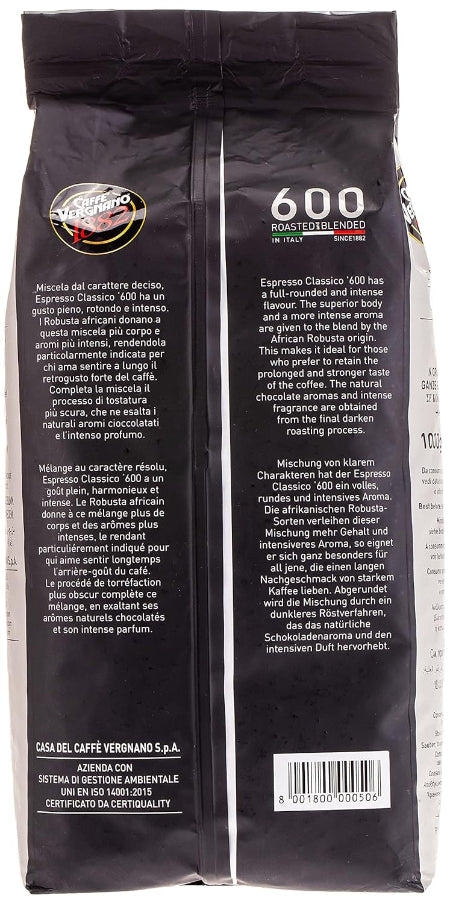 Caffè Vergnano Espresso Classico 600 Whole Bean Coffee 2.2 lb