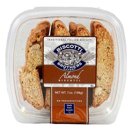 Biscotti Brothers artisan Italian biscotti and focaccia crisps displayed on a rustic wooden board