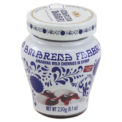 Glass jar of Italian Fabbri Amarena cherries in syrup – perfect for desserts and cocktails