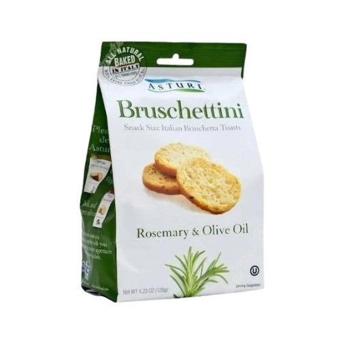 Asturi Italian bruschettini and breadsticks arranged on a rustic wooden board with herbs and olive oil
