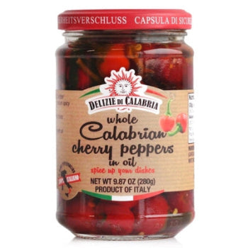 Jars of Delizie di Calabria spicy Italian chili sauces and condiments made in Calabria, Italy