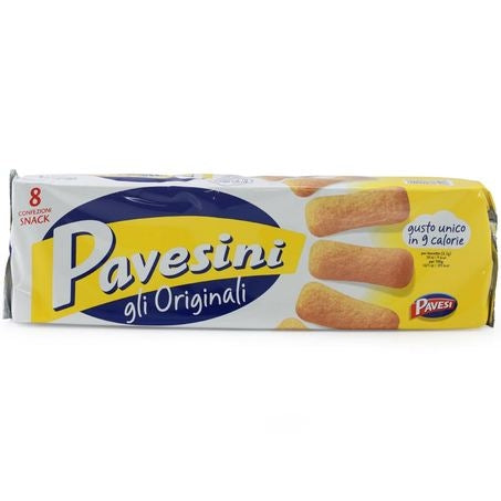 Pavesini Italian ladyfinger biscuits stacked with coffee and tiramisù ingredients